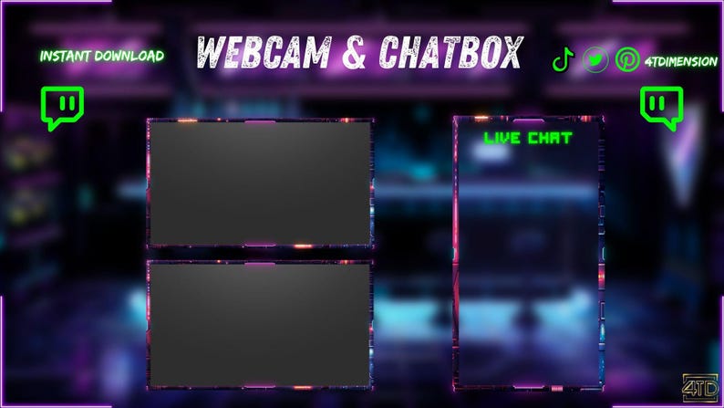 May include: Digital overlay design for streaming, featuring a dark background with neon purple and blue accents. The design includes sections for webcam and chat, with the text "Webcam & Chatbox" and "Live Chat".