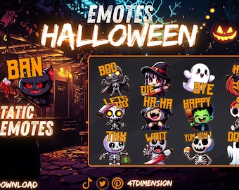 May include: A digital collection of 13 Halloween-themed static emotes featuring cartoon skeletons, ghosts, and witches. Each character is paired with orange text including BOO, DIE, BYE, HI, LETS GO, HA-HA, HAPPY, SAD, THX, WAIT, YUM-YUM, and OOPSS.