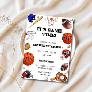 Editable DIY Sports Birthday Invitation, Baseball Basketball Football Sports Theme Invitation Template, Kids Sport Birthday Party Invitation