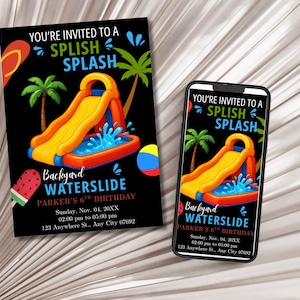 Editable Waterslide Birthday Invitation, Summer Pool Party, Splash Birthday Invite, Water Slide Bash, Modern Canva Template, Boy Girl Party