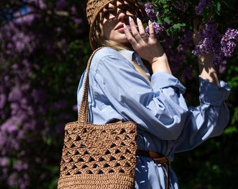 Set di modelli per borsa e cappello in rafia all&#39;uncinetto facili - Borsa estiva e cappello da pescatore adatti ai principianti in formato PDF, accessori per le vacanze al mare, kit fai da te all&#39;uncinetto