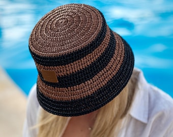 Patrón de gorro de cubo de ganchillo con forma de abeja en PDF y videotutorial / Sombrero Panamá a rayas de rafia, sombrero de sol para vacaciones de verano hecho en casa (en inglés)