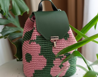 Mochila de cuero para mujer, mochila de crochet de cuero y cuerda, mochila de viaje, mochila floral de verano, bolso de hombro de cuerda