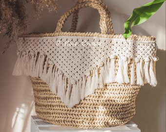 Crochet beach bag pattern, macrame bag pattern,  summer basket bag video tutorial, round base raffia tote bag PDF pattern