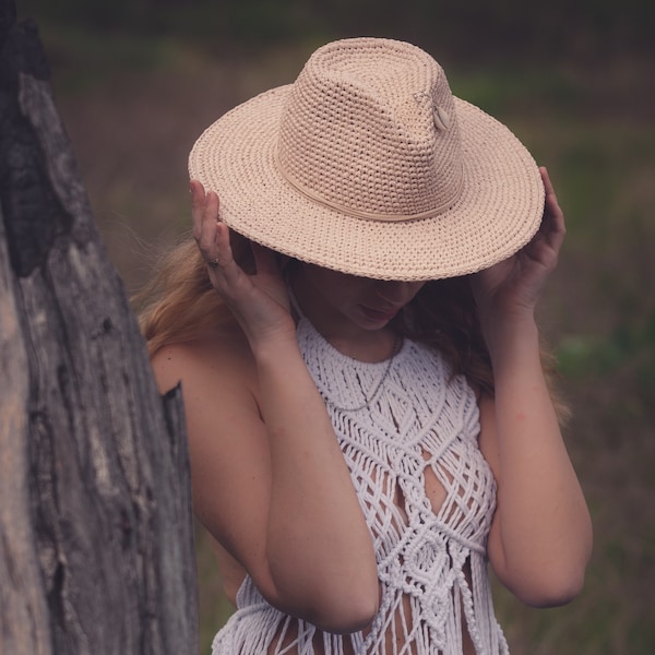 Create Your Own Raffia Beach Hat: DIY Crochet Pattern with Video Tutorial, Crochet Fedora hat pattern, Wide brim hat crochet pattern