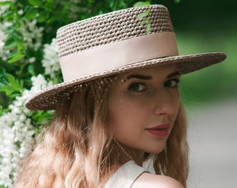 Boater Hat Crochet Pattern, Raffia Crochet Hat Patterns for Women with Video Tutorial Step-by-Step, Simple Crochet Summer Hat Pattern