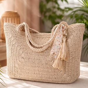Gehäkelte XL Strandtasche aus Raffia Muster PDF, große Häkeltasche mit Video-Anleitung, Schritt-für-Schritt-DIY-Tasche