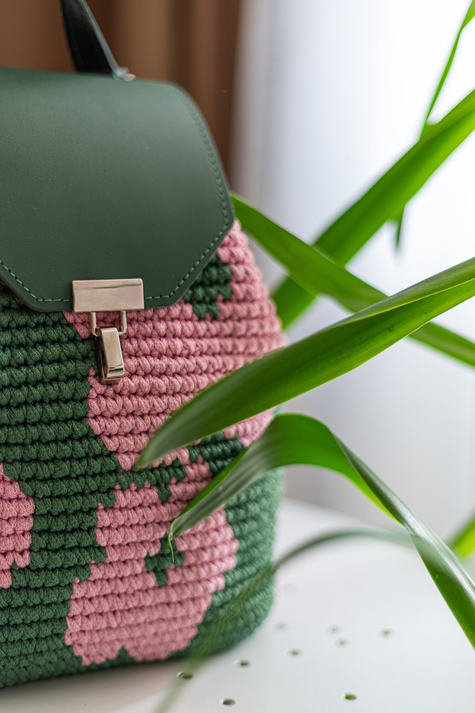 Women's Leather Backpack, Leather and Rope Crochet Backpack, Travel ...