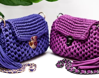 Knitted Bag Pattern, Crossbody Bag Video Tutorial Boho Chick bag, Knitting Bag Pattern, Tshirt Yarn Bag Knit DIY, Knit Crossbody Bag