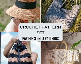 Modelli per set all&#39;uncinetto, modelli estivi all&#39;uncinetto per donna con video tutorial passo dopo passo, 3 modelli per borse all&#39;uncinetto e modello per cappello da sole