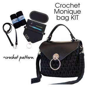 Crochet kit bag Monique, crochet bag pattern and video tutorial with leather base and polyester rope, easy crochet bag pattern