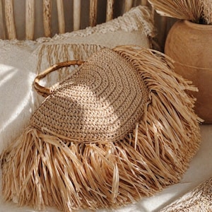 Mönster för virkad väska med fransar i raffia | Boho Beach Tote PDF med videohandledning | Mönster för virkad sommarväska för hemmagjord