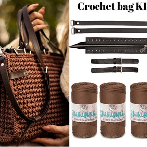 Crochet Kit Bag: Megan Tote Bag DIY Kit with Leather handles, zipper and straps & Polyester rope