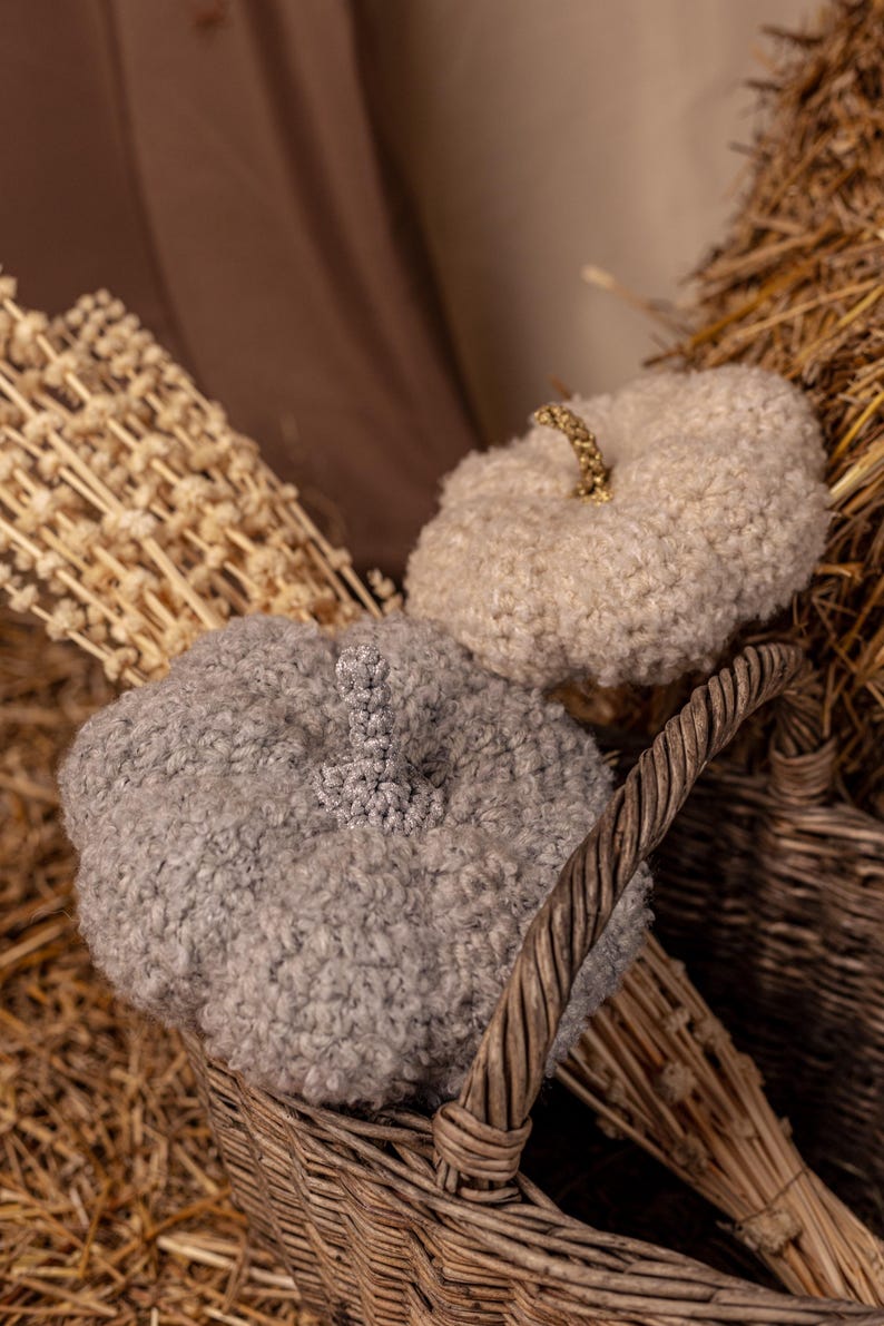 May include: Two gray and white fuzzy berets in a wicker basket with dried flowers.