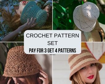 Modello SET all&#39;uncinetto, modello per berretto estivo all&#39;uncinetto con video tutorial passo dopo passo, modello per cappello a 4 secchielli, cappello all&#39;uncinetto in rafia