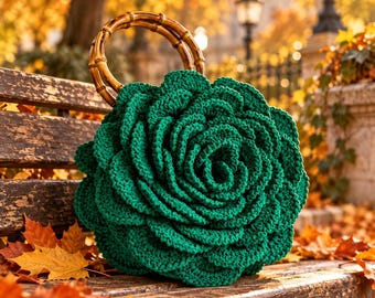 Crochet Rose Bag, 3D Flower Design Purse, Floral Handbag, Wooden Ring Handle Bag, Handmade Yarn Women Accessory, Party Clutch, Gift for Her