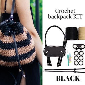 May include: Crochet backpack kit in black. The kit includes black and beige yarn, a black leather base, black straps, and metal hardware.  "Crochet backpack KIT" and "BLACK" are written in white text on a white background.