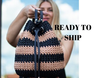 Leather And Raffia Crochet Backpack, Women's Leather Backpack, Travel Backpack, Summer Straw Backpack, Straw Shoulder Bag