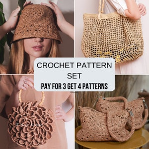 Crochet SET Pattern, Patterns for Women with Video Tutorial Step-by-Step, 3 Crochet Bag Patterns and Bucket Hat Pattern Perfect SET