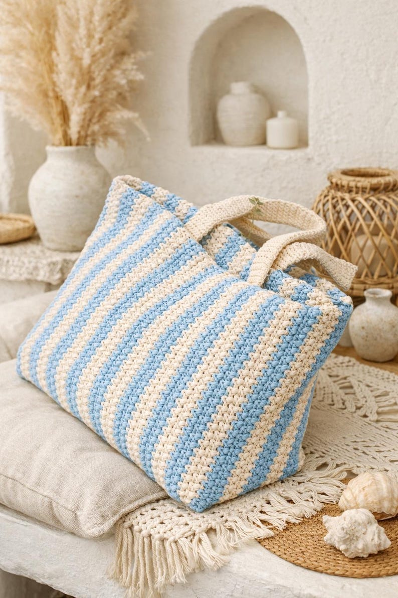May include: A large, handmade crochet tote bag with alternating light blue and cream-colored stripes. The bag has sturdy cream-colored handles and is displayed on a neutral-toned cushion. The bag is a stylish accessory for carrying items.
