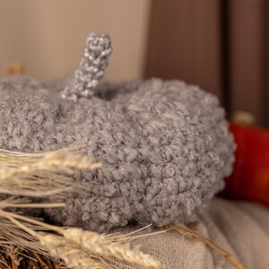 May include: A gray fuzzy pumpkin-shaped hat with a gray stem. The hat is sitting on a woven basket with dried wheat stalks.