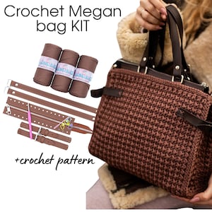 Kit de bolso de crochet: videotutorial de bolso de crochet Megan con asas de cuero, cierre de cremallera, correas y cuerda de poliéster, regalos para tejedoras