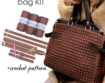 Crochet Bag Kit: Megan Crochet Tote Bag Video Tutorial with Leather handles, zipper, straps & Polyester rope, Gifts for knitters