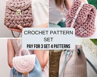 Bundle di modelli all&#39;uncinetto per zaini: 4 eleganti modelli fai da te per zaini con tutorial video, modelli PDF adatti ai principianti per tutti i livelli di abilità