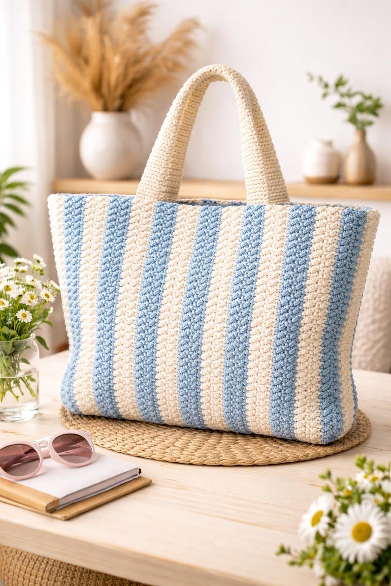 May include: A large, cream and light blue striped crochet tote bag with matching handles. The bag is rectangular and sits on a woven mat. Pink sunglasses and a notebook are on the table in front of the bag.