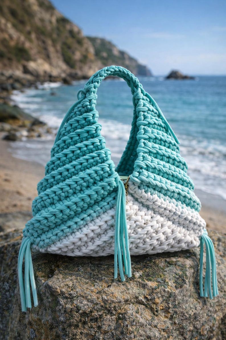 May include: A handmade, two-tone crochet bag in shades of turquoise and white, with a braided handle and turquoise tassels. The bag is sitting on a rock at the beach, with the ocean in the background.