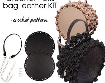 May include: A crochet Paris bag leather kit with a crochet pattern. The kit includes two black leather bases, a black handle with a silver chain, and two round bags, one beige and one black, with crochet detailing. The text "I Love Create" is visible on the black bag.