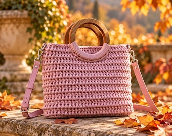 Handmade Crochet Handbag, Wooden Handle Knit Purse, Fashion Crossbody Bag, Women's Fashion Accessory, Unique Gift for Her, Detachable Strap