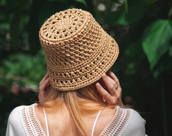 Crochet Bucket Hat Pattern, Raffia Bucket Hat Pattern with Video Tutorial Step-by-Step, Summer Hat Crochet Pattern, Granny Square Hat