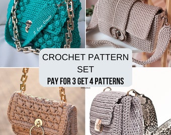 Modelli di borse all&#39;uncinetto: set di 4 modelli di borse con tutorial video / Borse all&#39;uncinetto fai-da-te, tutorial video completo e pacchetto di modelli