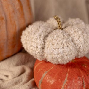 May include: A white fuzzy pumpkin sits on top of an orange pumpkin. Both pumpkins are on a beige fabric surface.