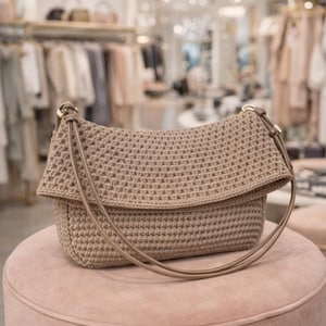 Puede incluir: Un bolso de mano de ganchillo beige con cierre de solapa y una correa larga y fina. El bolso es rectangular y está sobre un otomán de terciopelo rosa con ribete dorado. El fondo es una tienda de ropa.