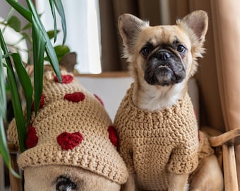 May include: Two dogs wearing matching beige crochet sweaters and hats with red heart accents. One dog is sitting upright in a wooden chair, while the other is resting its head on a white cushion. The dogs are indoors.