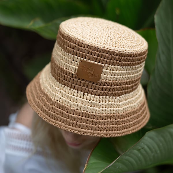 Crochet Bucket Hat Pattern PDF, Raffia Striped Panama Hat, Summer Sun Hat Crochet with Video Tutorial
