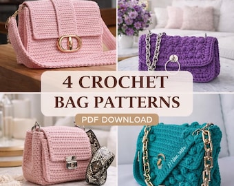 Padrões de bolsas de crochê: Conjunto de 4 modelos de bolsas transversais com tutorial em vídeo e padrão em PDF.