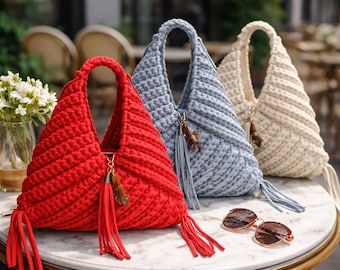 Triangle Crochet Bag Pattern PDF, Origami Crochet Purse Tutorial, T-Shirt Yarn Chunky Bag DIY, Geometric Crochet Handbag with Video