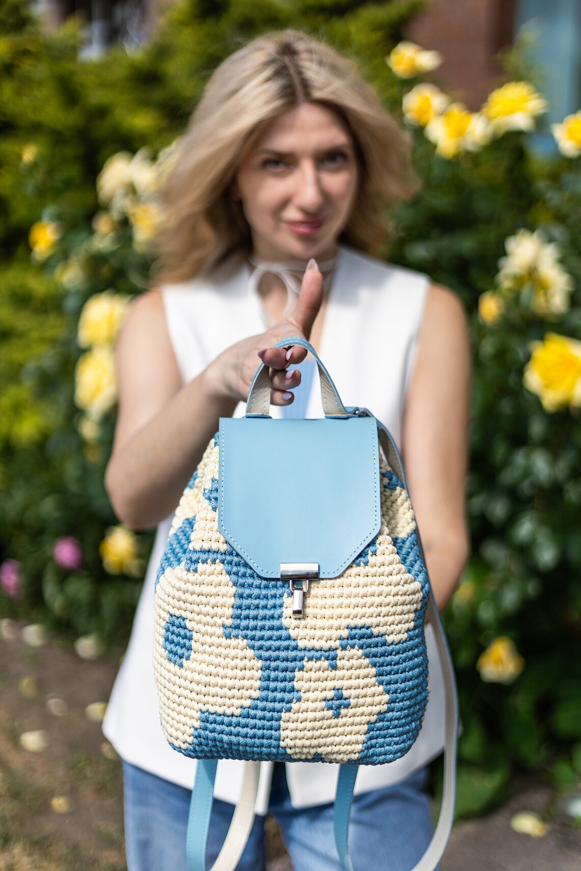 Women's Leather Backpack, Leather and Rope Crochet Backpack, Travel ...