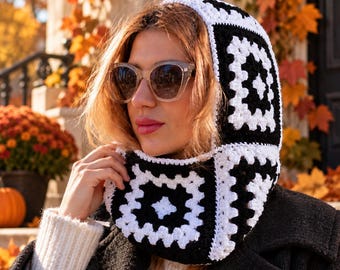 Patchwork Hood Crochet Pattern, Granny Square Scarf, DIY Winter Wardrobe, Snood Tutorial Digital Download, Wearable Crochet Lover Gift