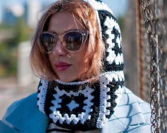 Crochet pattern Granny square hood, crochet balaclava video tutorial, granny square crochet pattern, qranny square hood crochet DIY