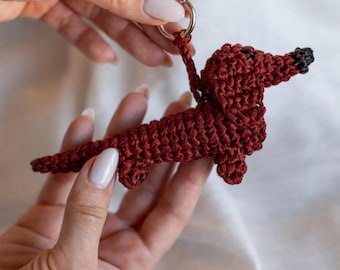 Crochet Dachshund Keychain Pattern in English– Amigurumi Dog Bag Charm or Car Mirror Hanging