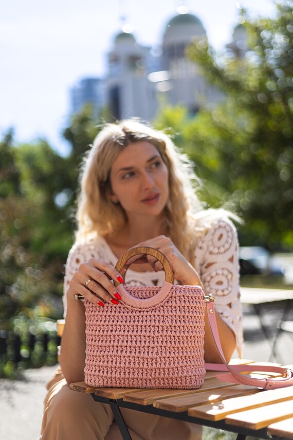 Pink Crochet Handbag, Handmade Summer Purse, Knit Bag With Wooden