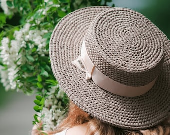 Boater Hat Crochet Pattern, Raffia Crochet Hat Patterns for Women with Video Tutorial Step-by-Step, Simple Crochet Summer Hat Pattern