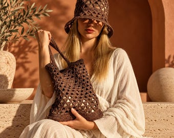 Crochet Boho Beach Set Pattern, Mesh Tote Bag and Openwork Sun Hat Video Instruction, Women  Accessories DIY, PDF Crochet Tutorial Download