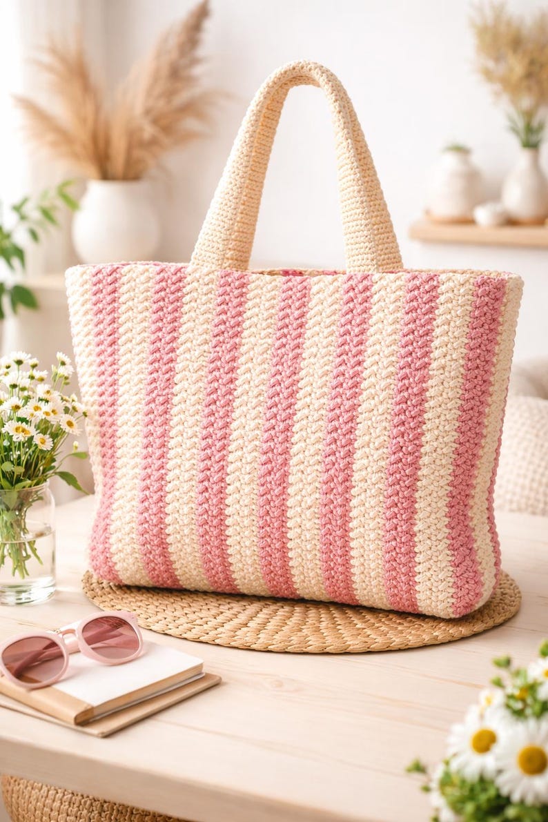 May include: A large, rectangular crochet tote bag with vertical stripes in pink and cream. The bag has two cream-colored handles and sits on a woven mat. Pink sunglasses and a notebook are in the foreground.