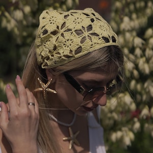 Crochet Bandana Pattern with Poppies, Headscarf Video Tutorial in English And PDF, Beginner Cotton Kerchief, Easy Summer Hair Accessory