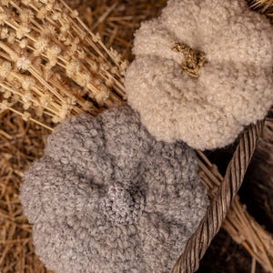 May include: Two gray and white crocheted pumpkin-shaped hats in a wicker basket with dried flowers.